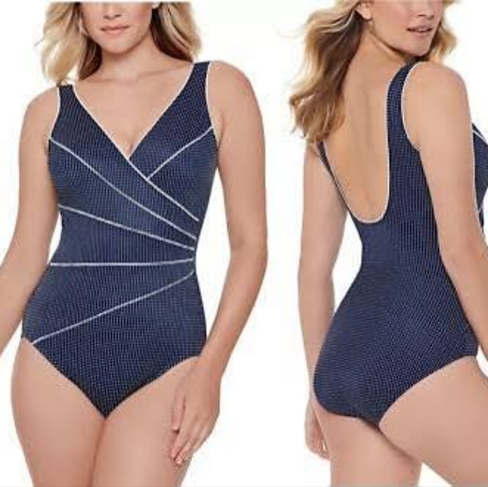 Miraclesuit V-Neck Horizon Blue Polka Dot Slimming One Piece Swim Suit Size 8